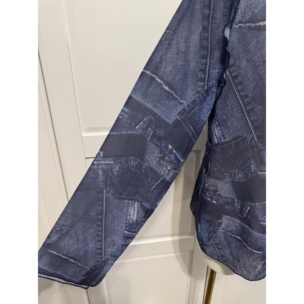 Frankies Bikinis Molly Long Sleeve Shirt in Blue Jean Print Mesh Tie Front Top S - Picture 7 of 9